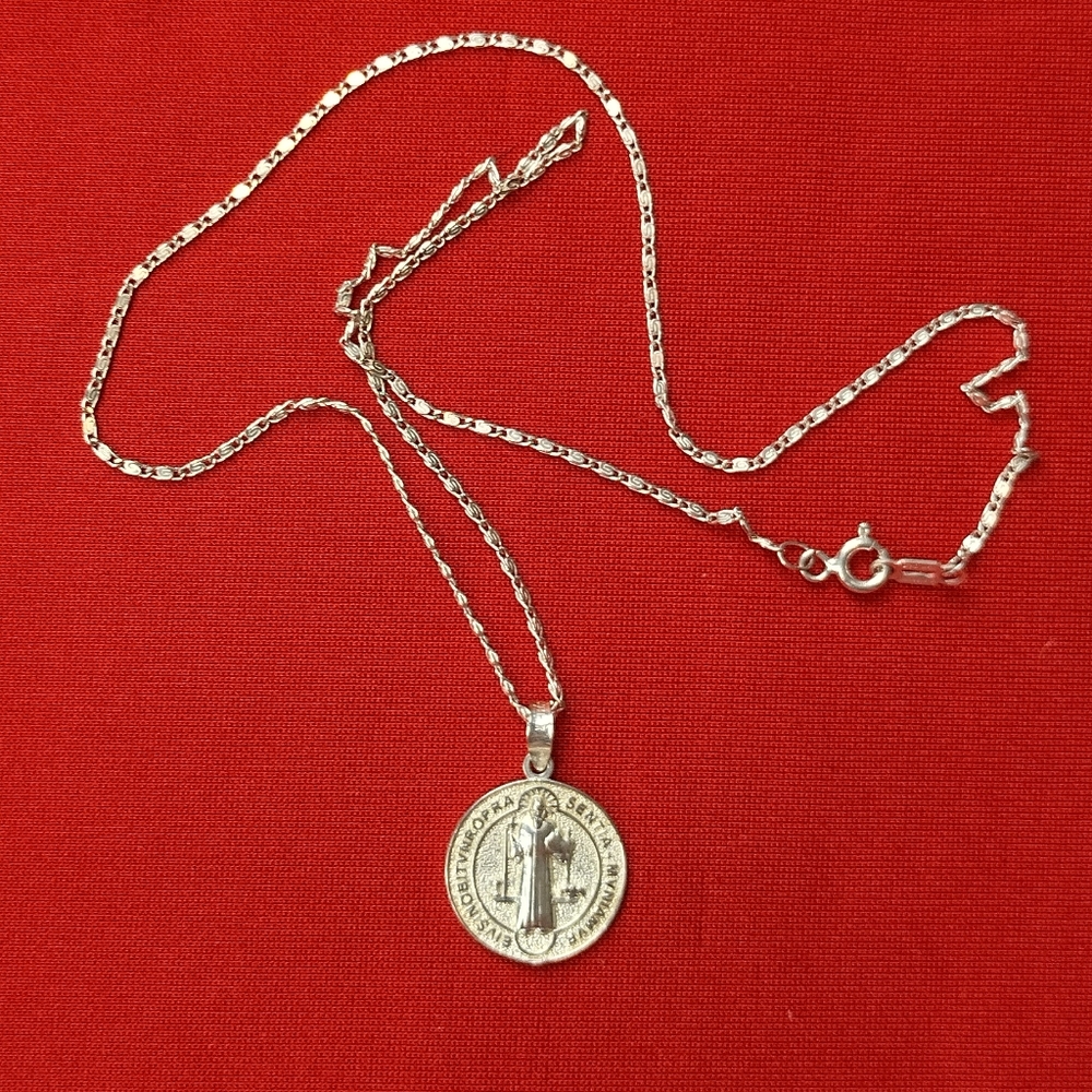 Silver Pendant Necklace 925 Sterling Silver St Benedict Catholic Medal and chain